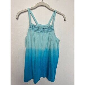 Lands End Girls Large Smocked Aqua Dip Dye Ombré Tank Top Sleeveless NWT